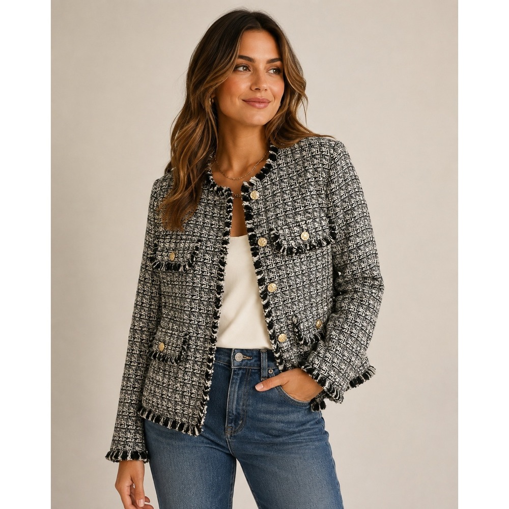 Joie Womens Black White Tweed Frayed‎ Trim Gold Button Jacket Size Large New